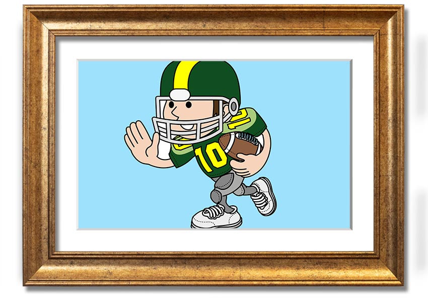 Framed print of an American football player in baby blue, showcasing vibrant colors and dynamic design.