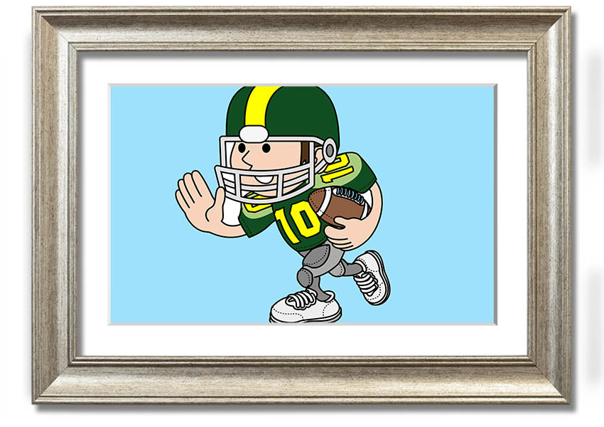 Framed print of an American football player in baby blue, showcasing vibrant colors and dynamic design.