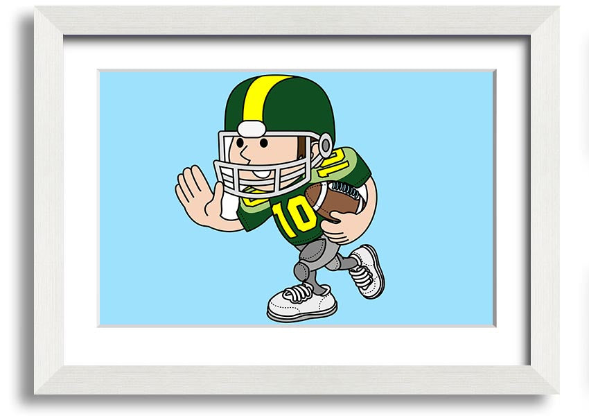 Framed print of an American football player in baby blue, showcasing vibrant colors and dynamic design.