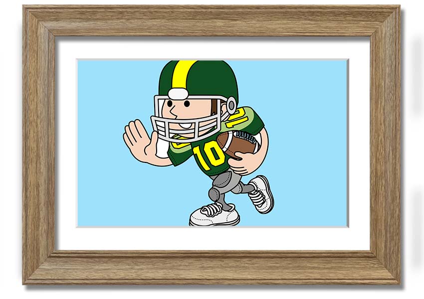 Framed print of an American football player in baby blue, showcasing vibrant colors and dynamic design.