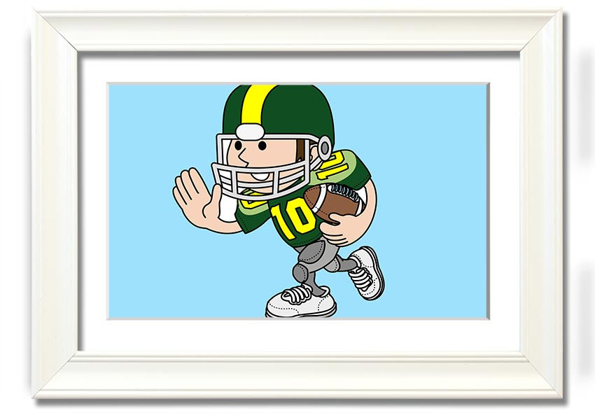 Framed print of an American football player in baby blue, showcasing vibrant colors and dynamic design.