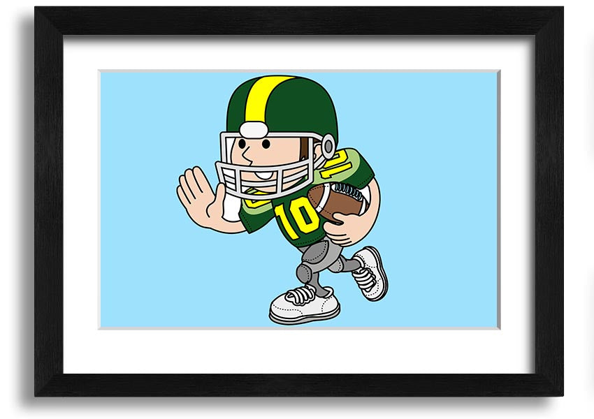 Framed print of an American football player in baby blue, showcasing vibrant colors and dynamic design.