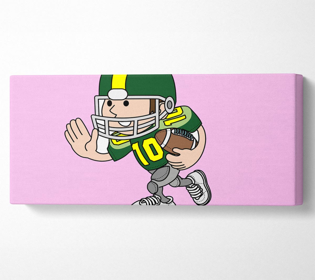 Vibrant pink canvas art featuring an American football player, mounted on a sturdy box frame, ready to hang.