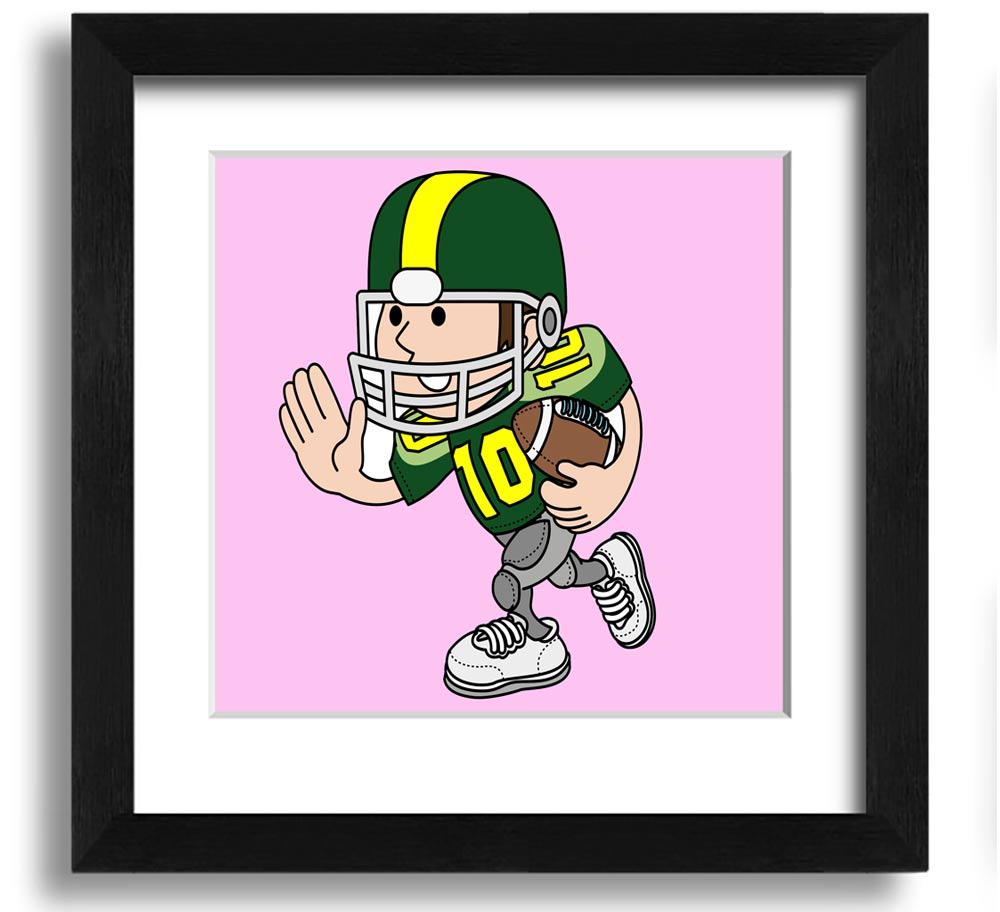 A vibrant pink square framed print of an American football player, showcasing dynamic action and energy, perfect for sports enthusiasts.