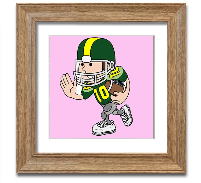 A vibrant pink square framed print of an American football player, showcasing dynamic action and energy, perfect for sports enthusiasts.