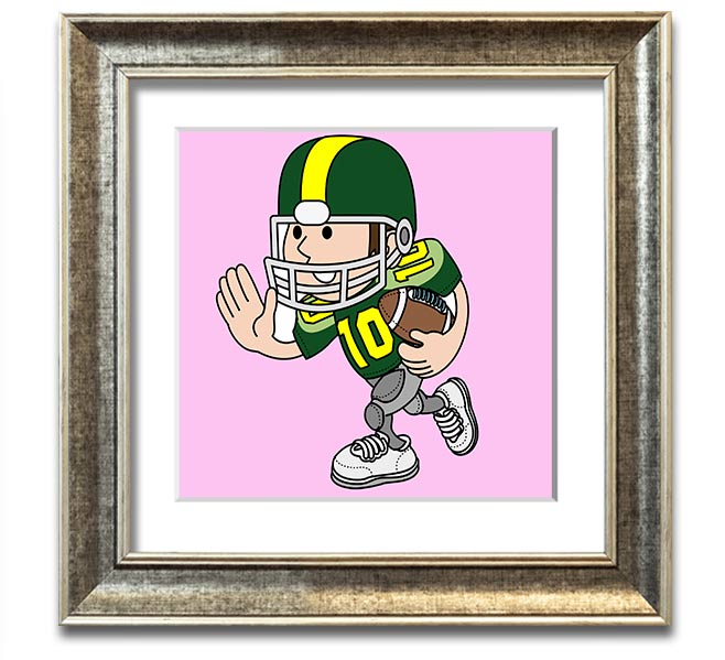 A vibrant pink square framed print of an American football player, showcasing dynamic action and energy, perfect for sports enthusiasts.