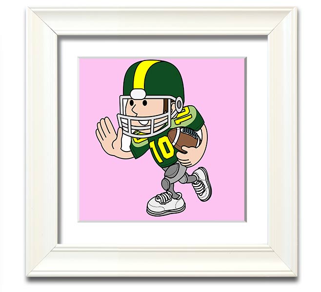 A vibrant pink square framed print of an American football player, showcasing dynamic action and energy, perfect for sports enthusiasts.