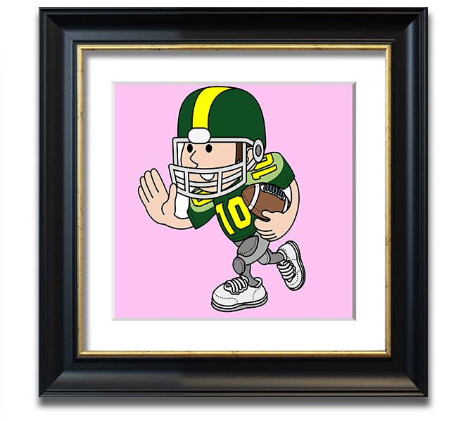 A vibrant pink square framed print of an American football player, showcasing dynamic action and energy, perfect for sports enthusiasts.