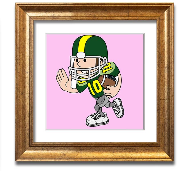 A vibrant pink square framed print of an American football player, showcasing dynamic action and energy, perfect for sports enthusiasts.