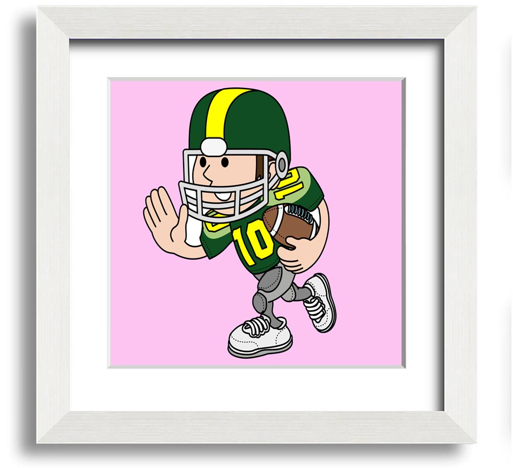 A vibrant pink square framed print of an American football player, showcasing dynamic action and energy, perfect for sports enthusiasts.