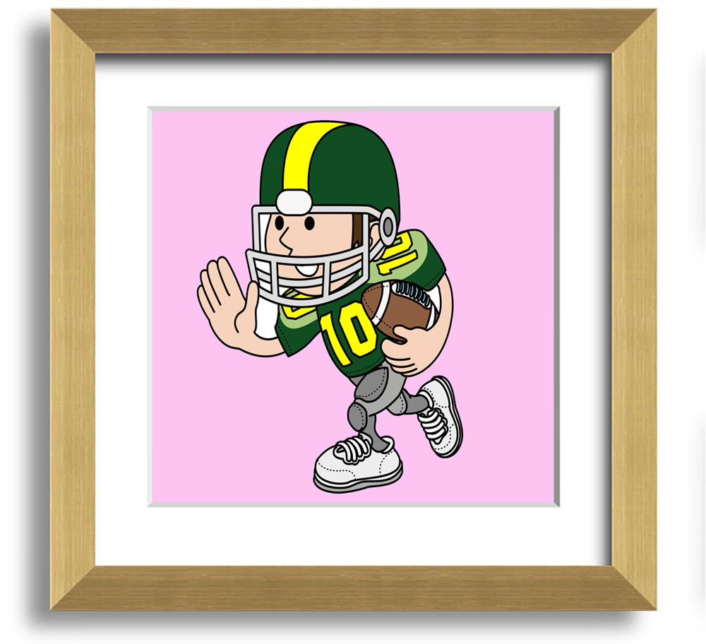 A vibrant pink square framed print of an American football player, showcasing dynamic action and energy, perfect for sports enthusiasts.