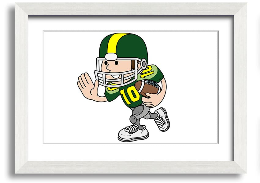 Framed print of an American football player in white, showcasing athleticism and passion for the sport.