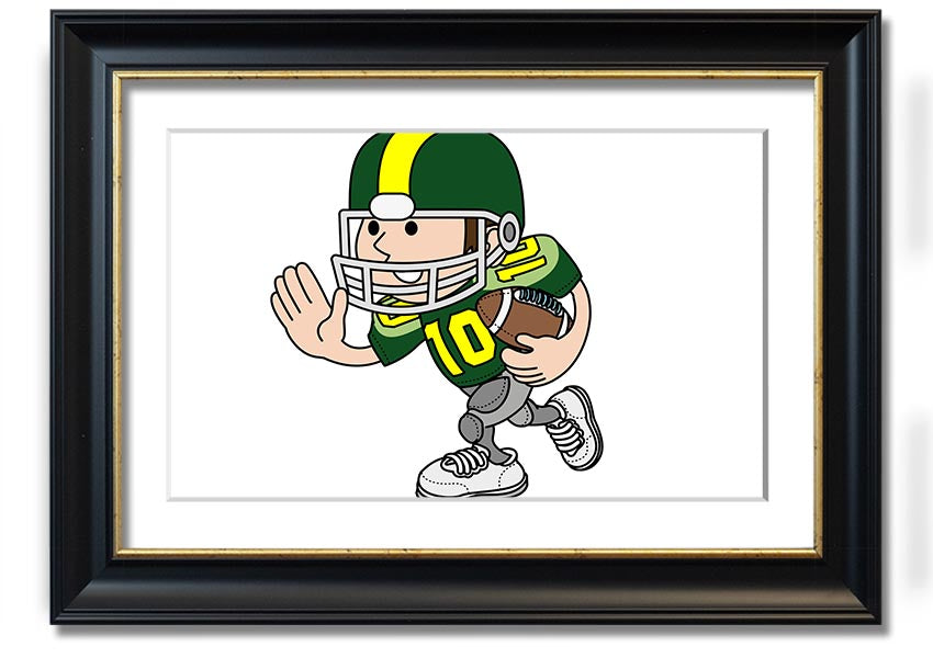 Framed print of an American football player in white, showcasing athleticism and passion for the sport.