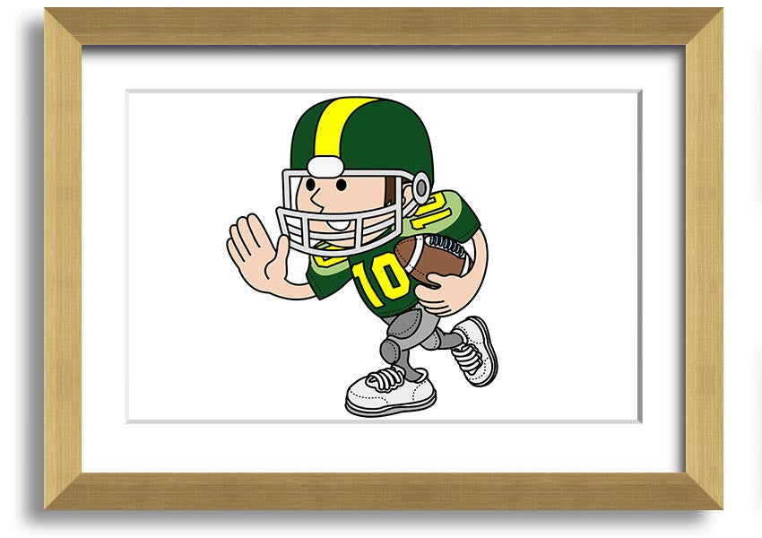 Framed print of an American football player in white, showcasing athleticism and passion for the sport.