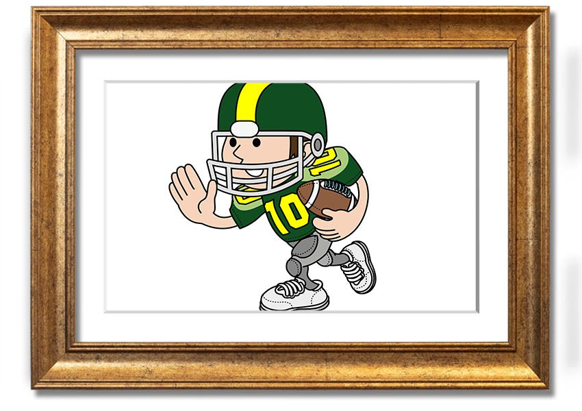 Framed print of an American football player in white, showcasing athleticism and passion for the sport.