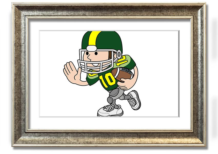 Framed print of an American football player in white, showcasing athleticism and passion for the sport.