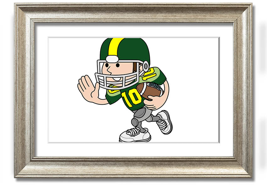 Framed print of an American football player in white, showcasing athleticism and passion for the sport.