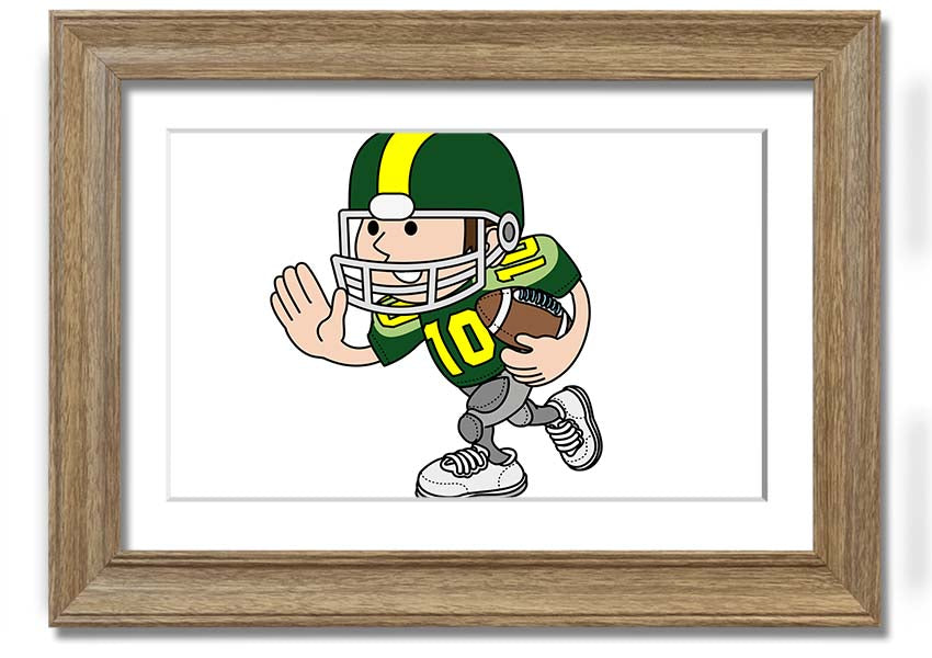 Framed print of an American football player in white, showcasing athleticism and passion for the sport.