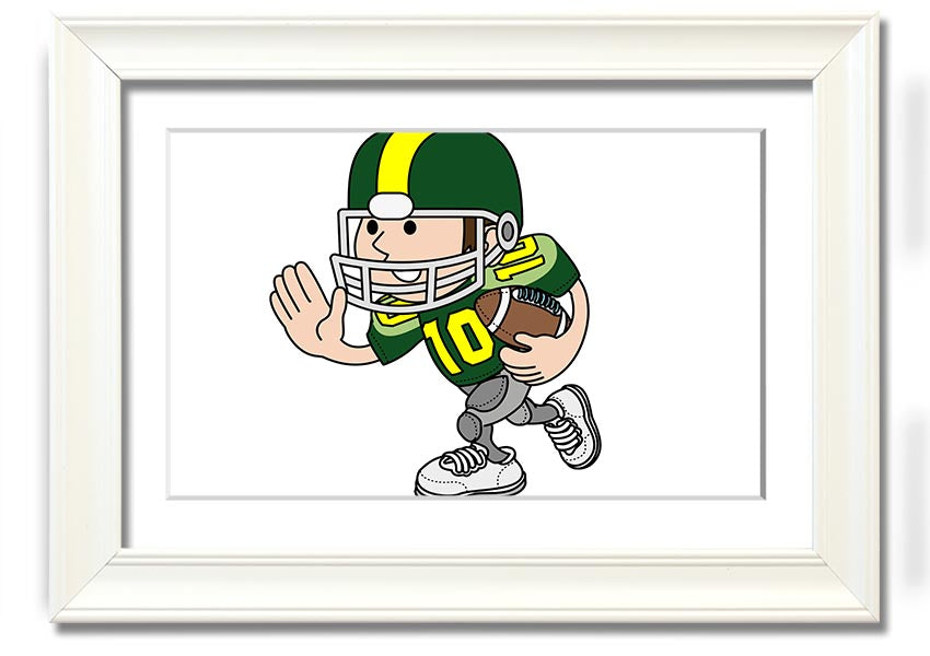 Framed print of an American football player in white, showcasing athleticism and passion for the sport.