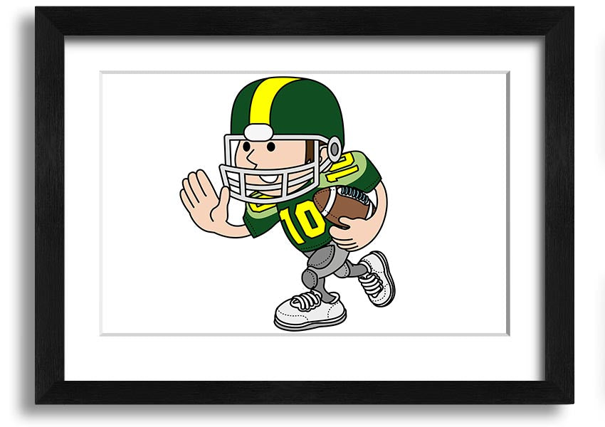 Framed print of an American football player in white, showcasing athleticism and passion for the sport.