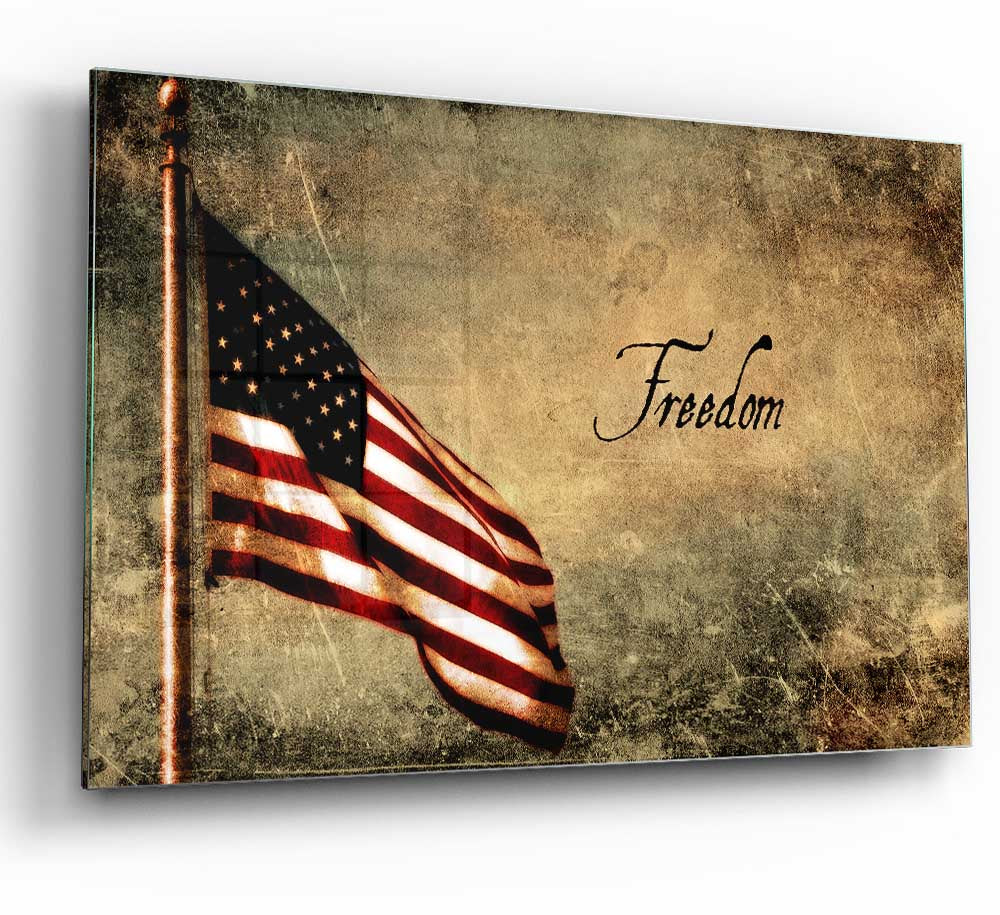 A modern glass print titled 'American Freedom', showcasing vibrant colors and intricate details, perfect for home decor.