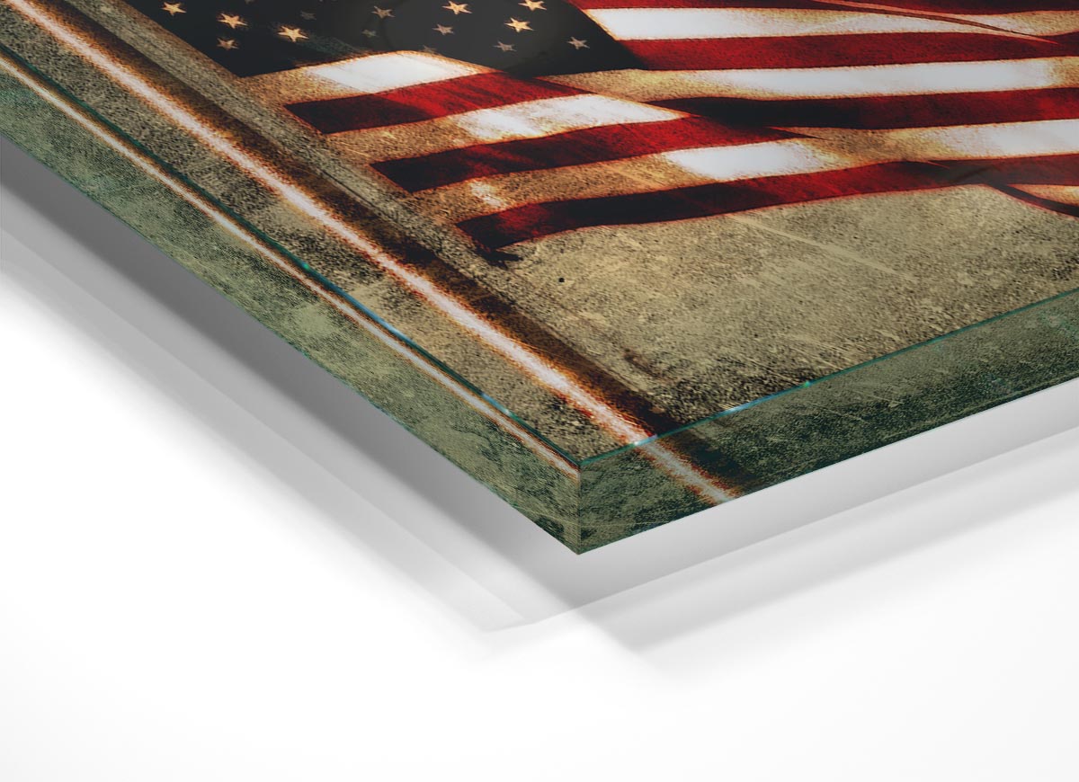 A modern glass print titled 'American Freedom', showcasing vibrant colors and intricate details, perfect for home decor.