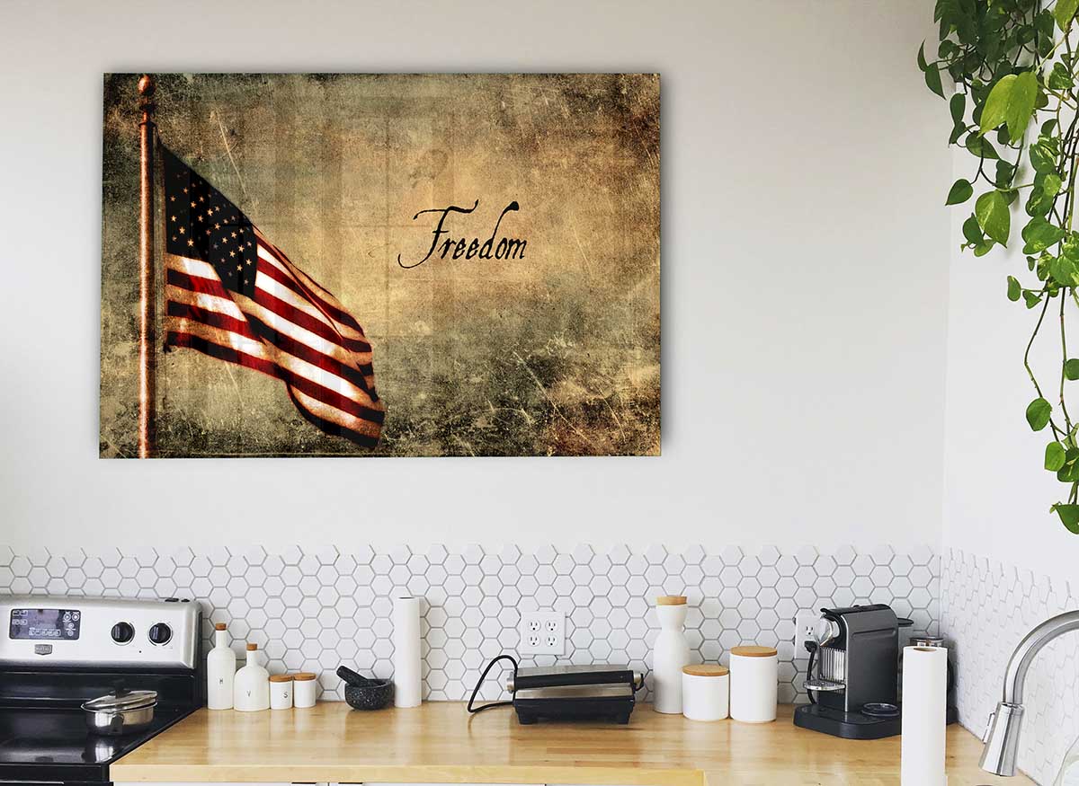 A modern glass print titled 'American Freedom', showcasing vibrant colors and intricate details, perfect for home decor.