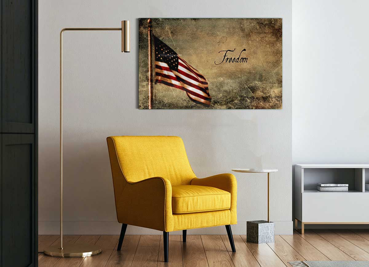 A modern glass print titled 'American Freedom', showcasing vibrant colors and intricate details, perfect for home decor.