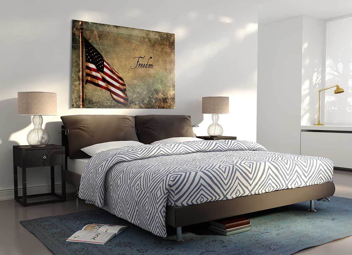 A modern glass print titled 'American Freedom', showcasing vibrant colors and intricate details, perfect for home decor.