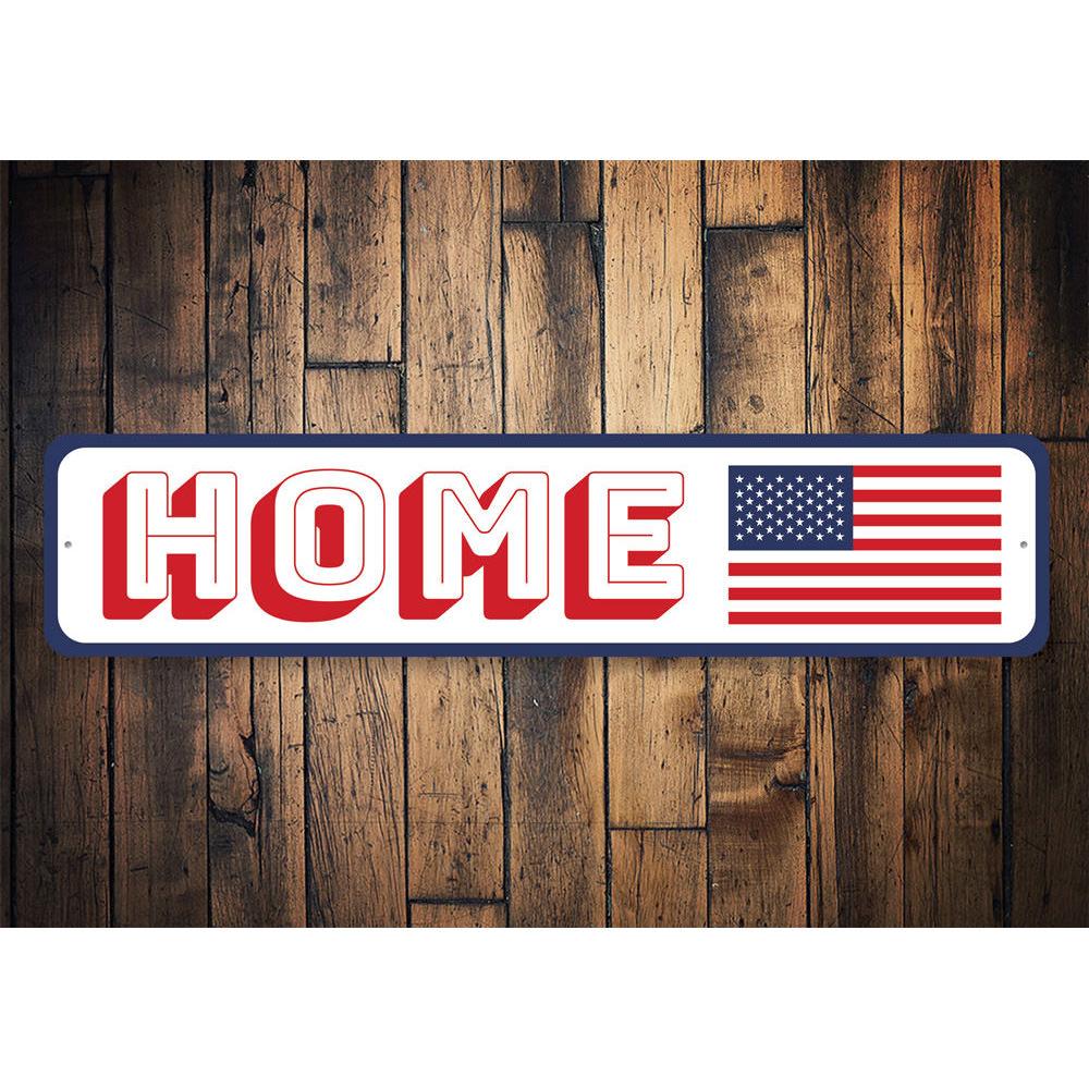 Customizable American Home Sign made of high-quality aluminum, featuring pre-drilled holes for easy mounting, perfect for home decor.