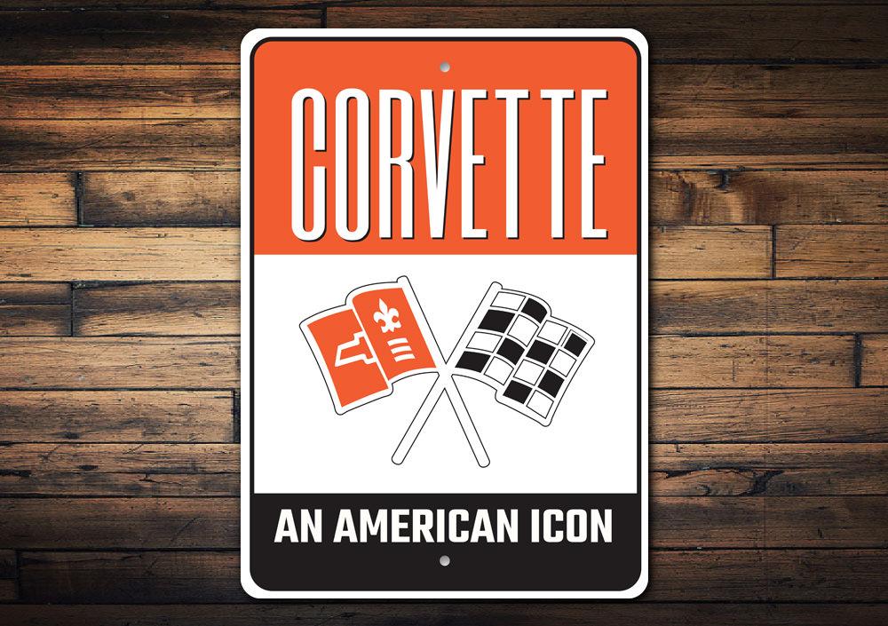 American Icon Corvette Sign made of high-quality aluminum, featuring a classic Corvette design, perfect for car enthusiasts.