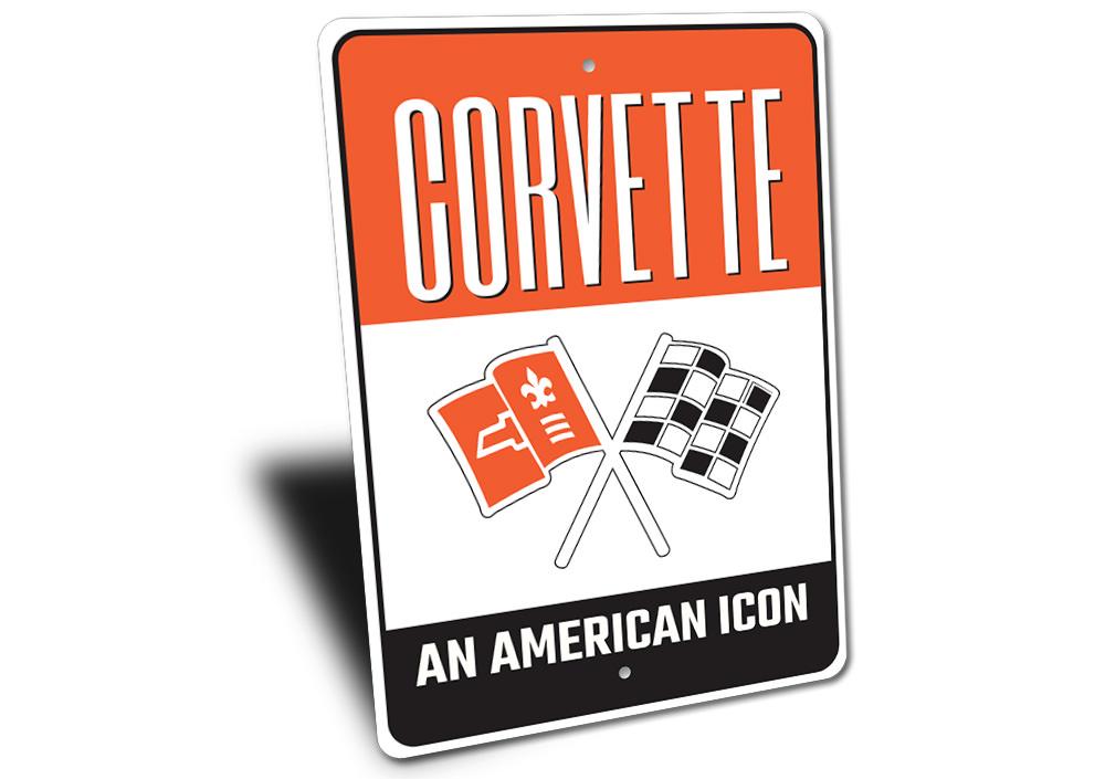 American Icon Corvette Sign made of high-quality aluminum, featuring a classic Corvette design, perfect for car enthusiasts.