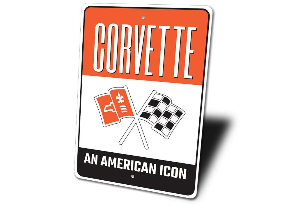 American Icon Corvette Sign made of high-quality aluminum, featuring a classic Corvette design, perfect for car enthusiasts.