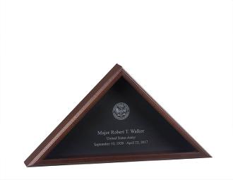 American Laser Engraved Flag Case in Cherry finish, displaying a 5' x 9.5' flag with beveled glass front and great seal of the United States.