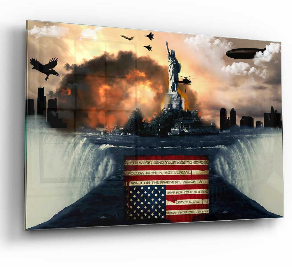 A modern glass print featuring the theme of American Liberty, showcasing vibrant colors and intricate details.