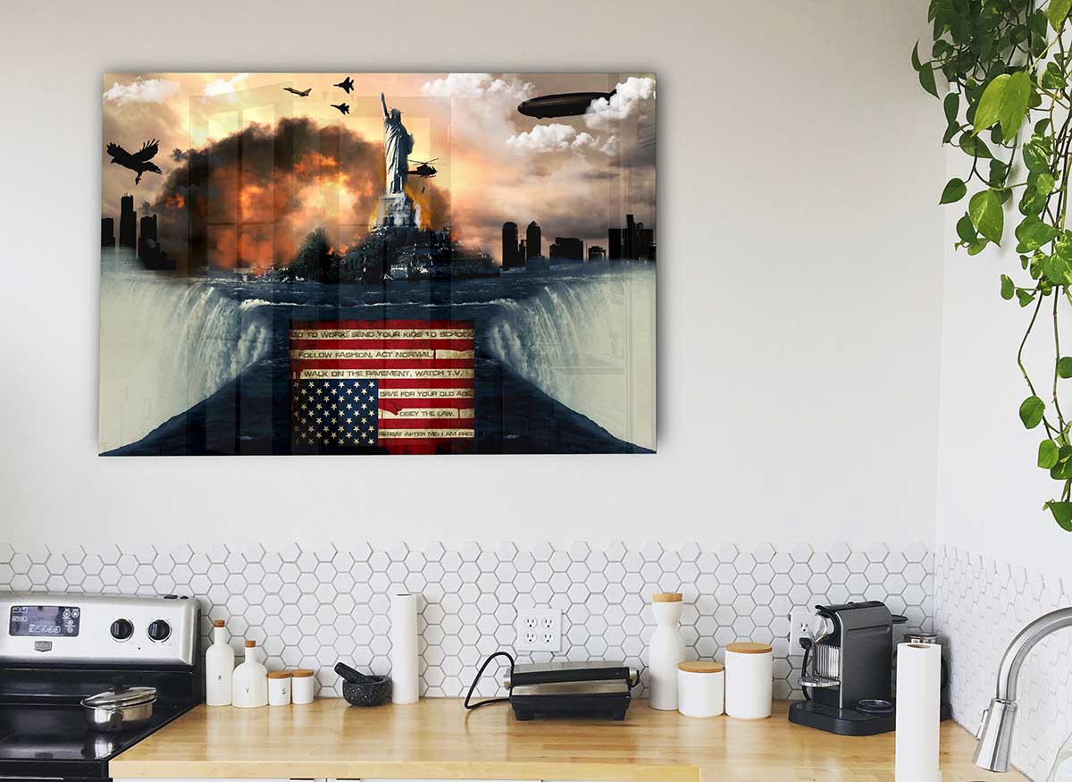 A modern glass print featuring the theme of American Liberty, showcasing vibrant colors and intricate details.