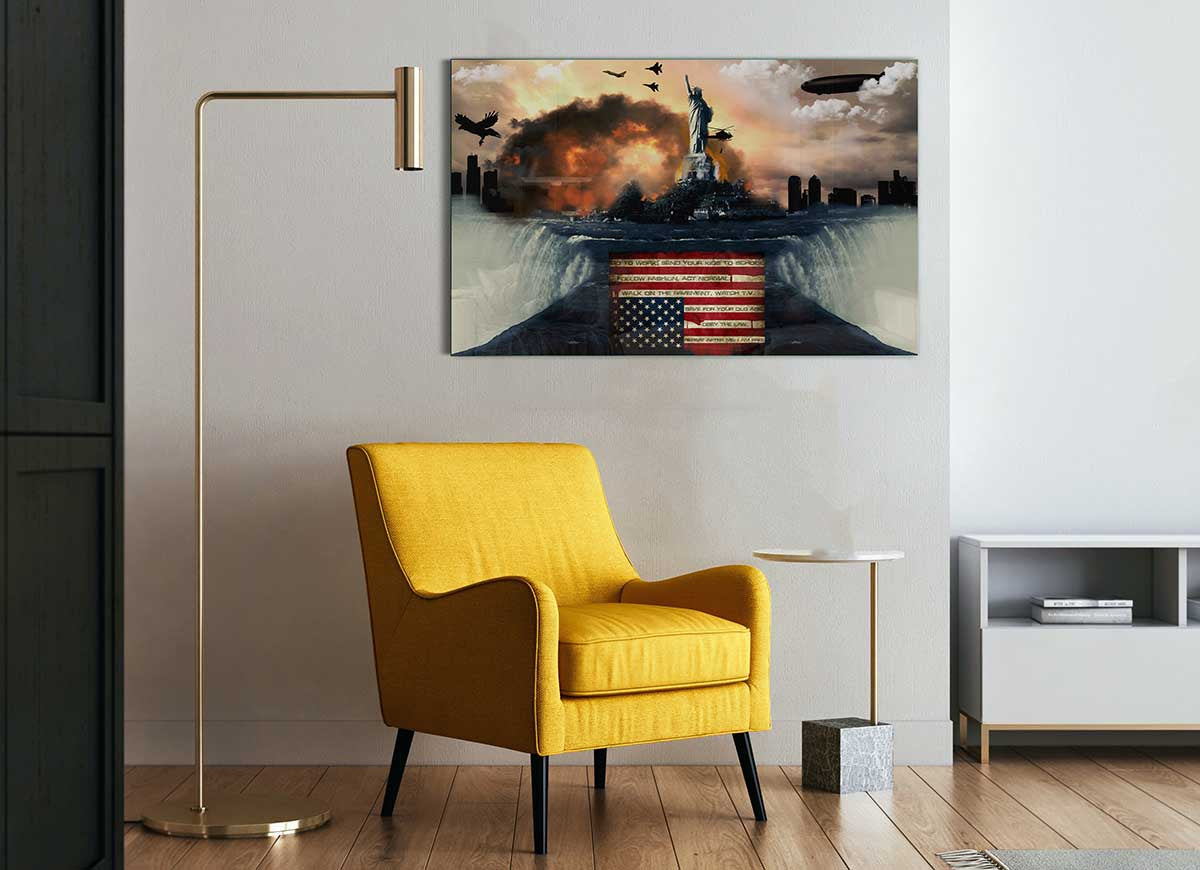 A modern glass print featuring the theme of American Liberty, showcasing vibrant colors and intricate details.