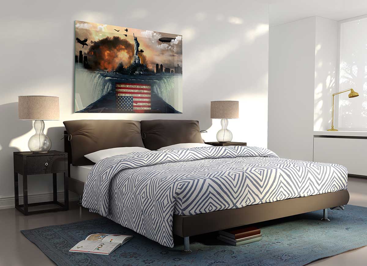 A modern glass print featuring the theme of American Liberty, showcasing vibrant colors and intricate details.