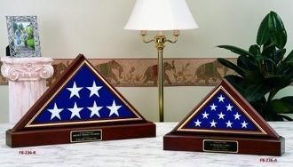 American Made Flag and Pedestal Display Case in cherry finish, showcasing a 3' x 5' flag with gold accent trim and glass front.