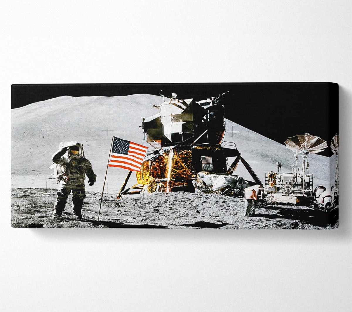 American Moon Landing canvas art mounted on a 44mm box frame, showcasing vibrant colors and a space-themed design.