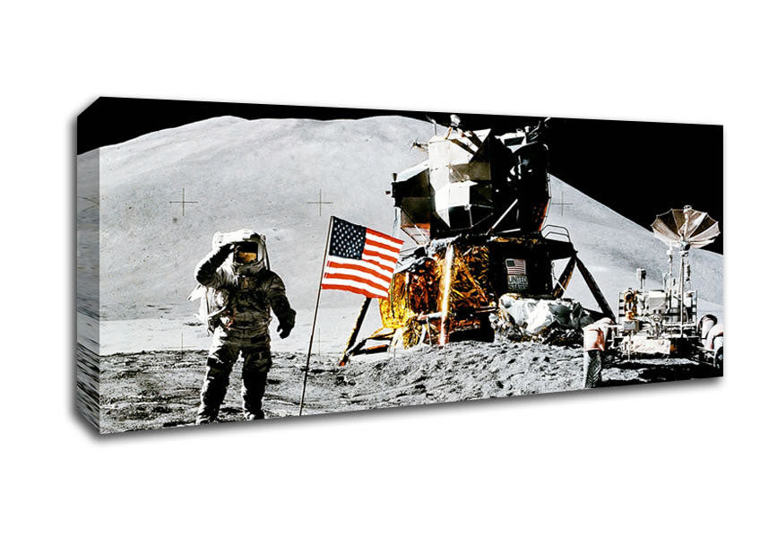 American Moon Landing canvas art mounted on a 44mm box frame, showcasing vibrant colors and a space-themed design.