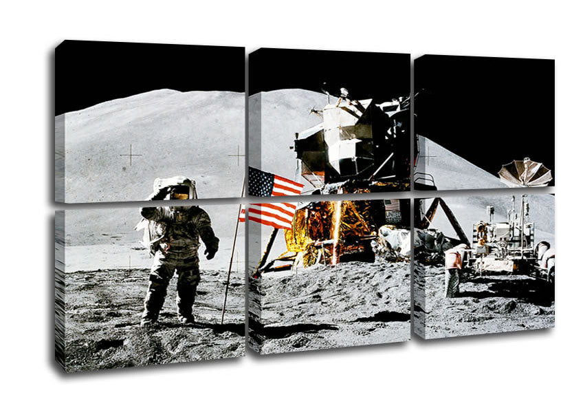 A vibrant canvas print depicting the American Moon Landing, mounted on a sturdy 44mm box frame, ready to hang.