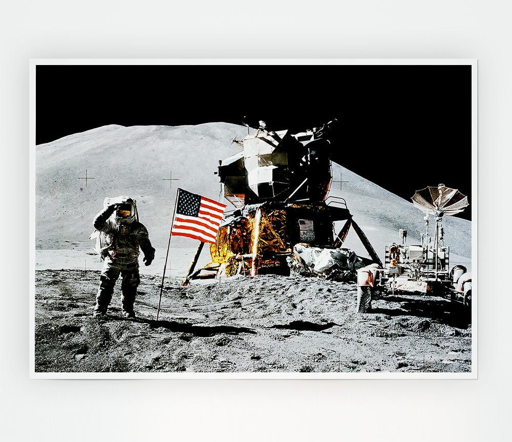 American Moon Landing poster on high-quality canvas, showcasing lunar footprints and space imagery.