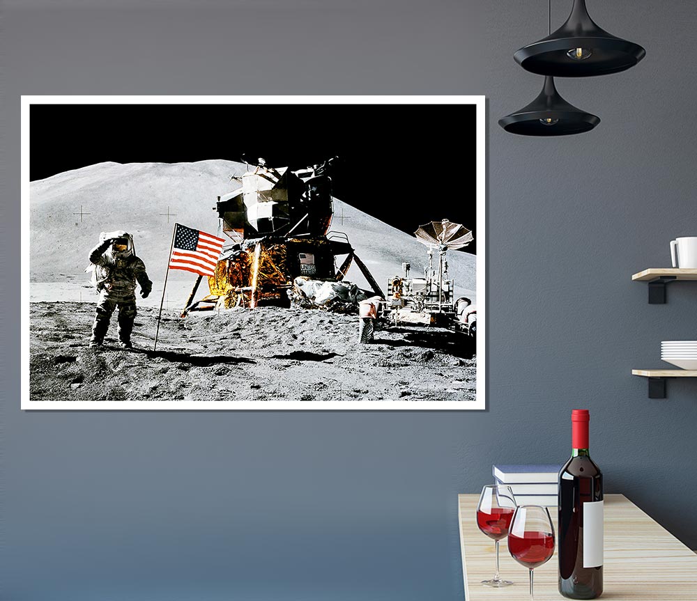 American Moon Landing poster on high-quality canvas, showcasing lunar footprints and space imagery.