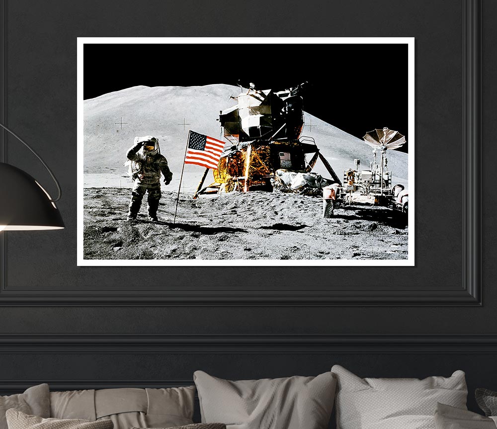 American Moon Landing poster on high-quality canvas, showcasing lunar footprints and space imagery.