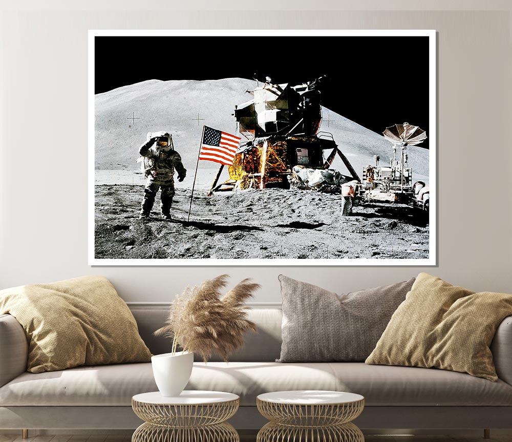 American Moon Landing poster on high-quality canvas, showcasing lunar footprints and space imagery.