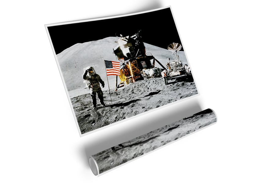 American Moon Landing poster on high-quality canvas, showcasing lunar footprints and space imagery.