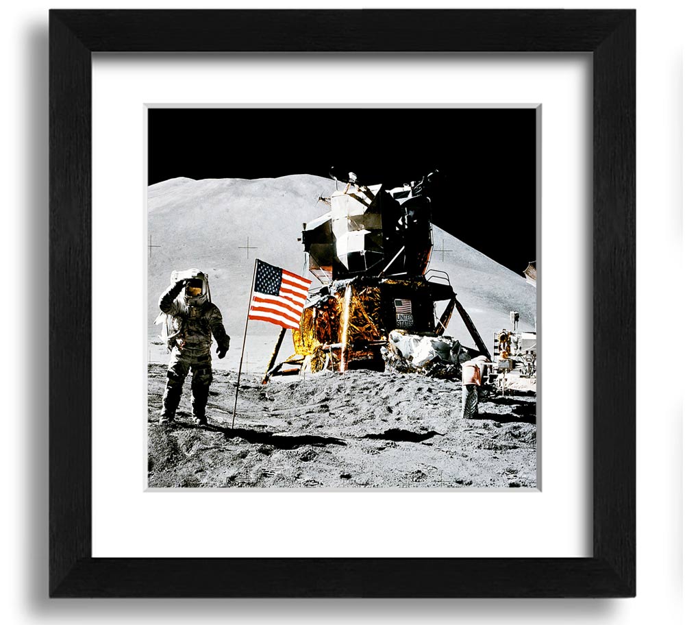 American Moon Landing Square Framed Print showcasing a historic space exploration scene, framed in a stylish square frame.