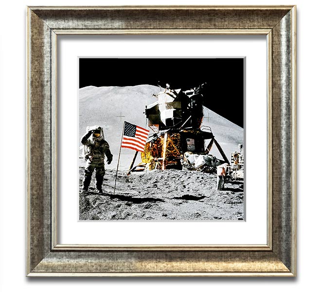 American Moon Landing Square Framed Print showcasing a historic space exploration scene, framed in a stylish square frame.