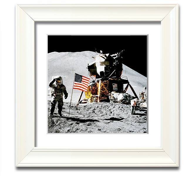 American Moon Landing Square Framed Print showcasing a historic space exploration scene, framed in a stylish square frame.